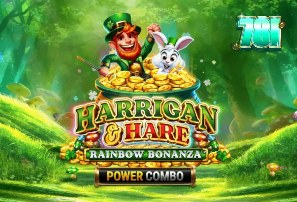 Cenário vibrante de colinas irlandesas com elementos mágicos do slot Harrigan & Hare Rainbow Bonanza Power Combo